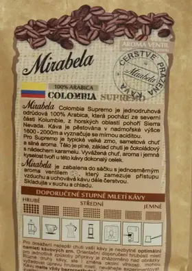 Mirabela Colombia Supremo 100% Arabica, zrnková káva, 225 g